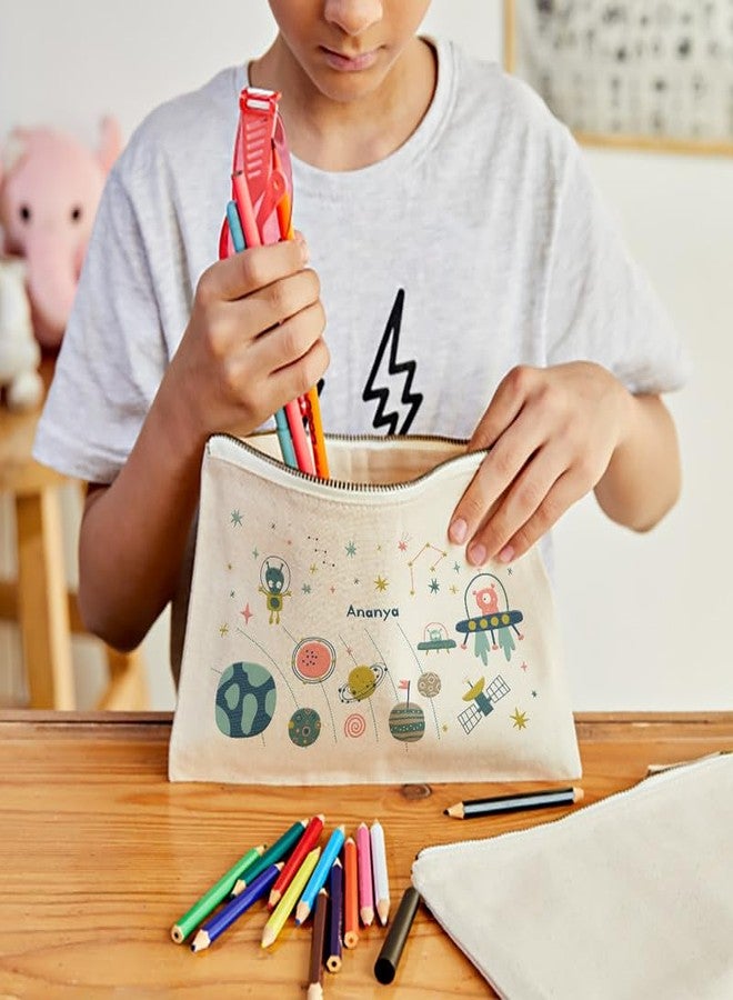 زوبو حقيبة زوبو متعددة الاستخدامات، قابلة للتخصيص بأسماء الأطفال، مصنوعة من القطن الخالص ١٠٠٪ مع سحاب، حقيبة أقلام رصاص للأولاد والبنات، منظم أدوات مدرسية للطلاب، مثالية لمحبي استكشاف الفضاء - Image 2